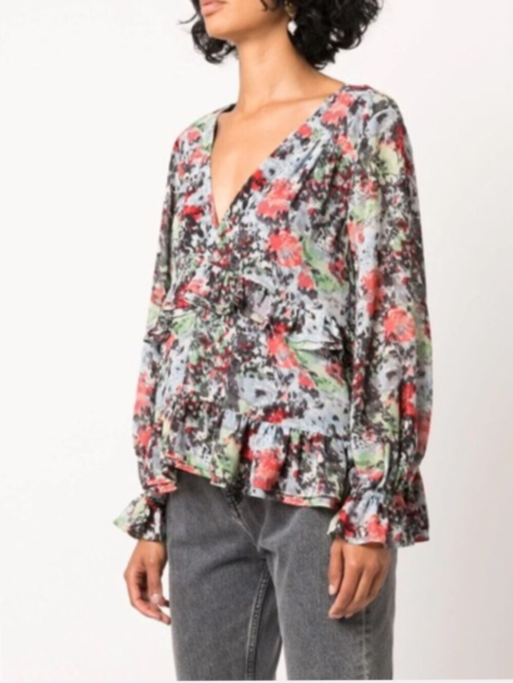 Cinq A Sept Prina Floral V-Neck Ruffle Blouse
